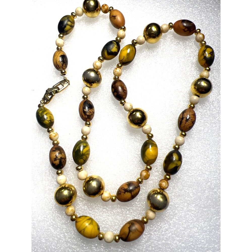 Vintage‎ Napier Earth Toned Beaded Necklace 24 Inch Marble Pattern Fold Clasp